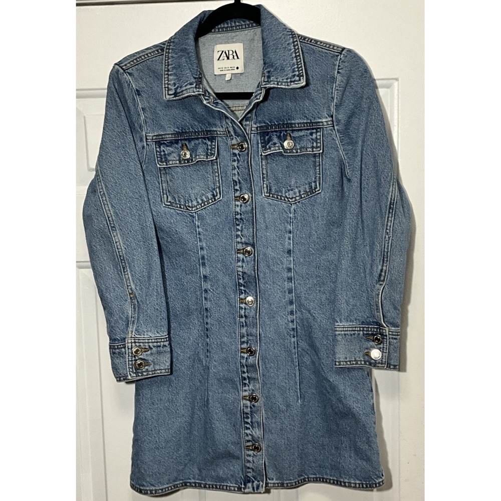 ZARA Blue Denim Long Sleeve Button Up Shirt Style Midi Skirt XS